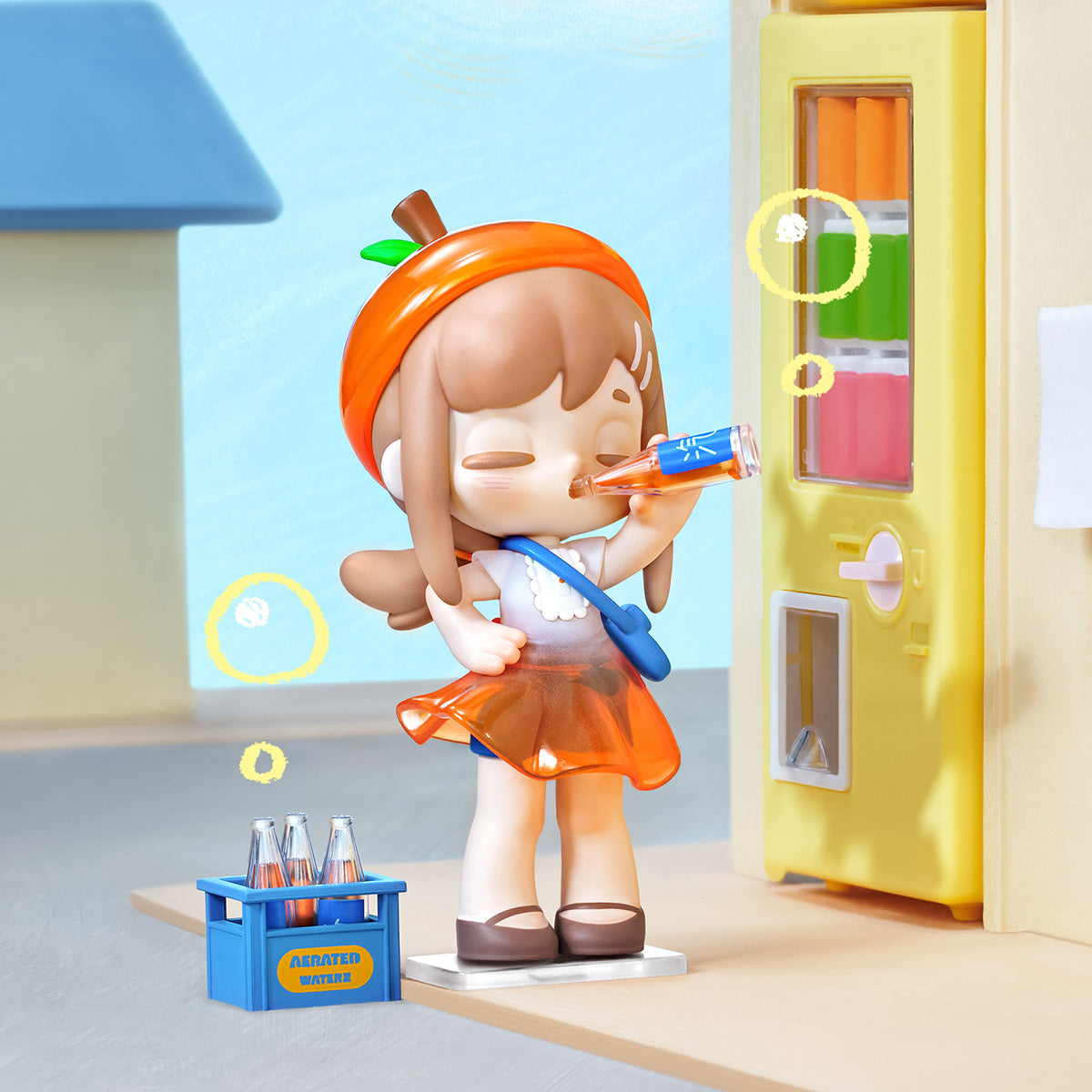 Yozco Mood Diary Orange Soda figure standing beside a yellow vending machine