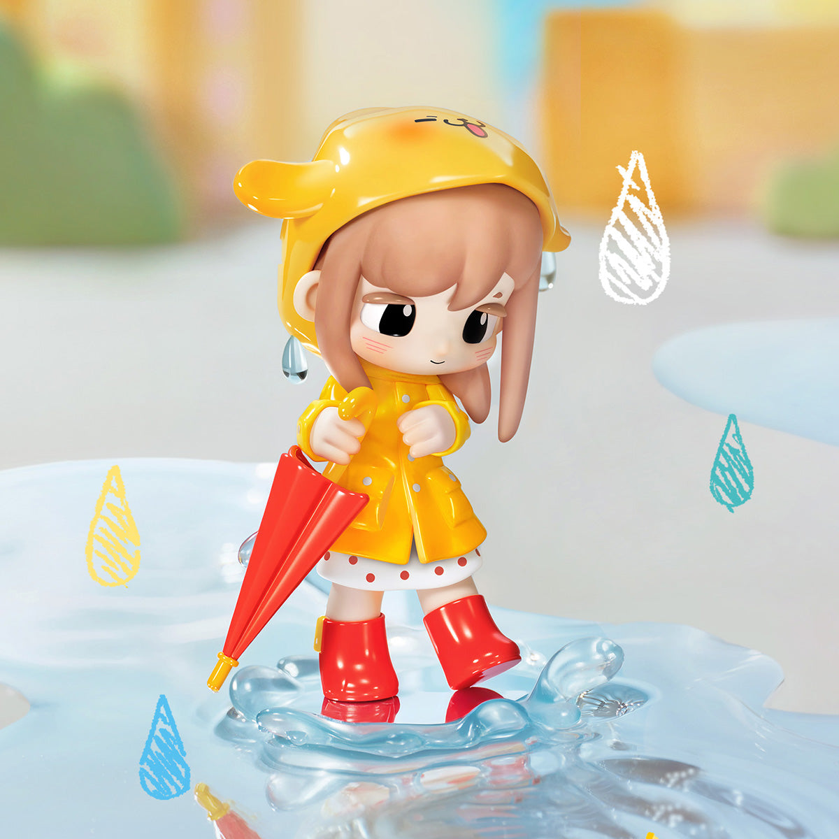 Yozco Mood Diary Puddle Jump figure in a yellow raincoat holding a red umbrella