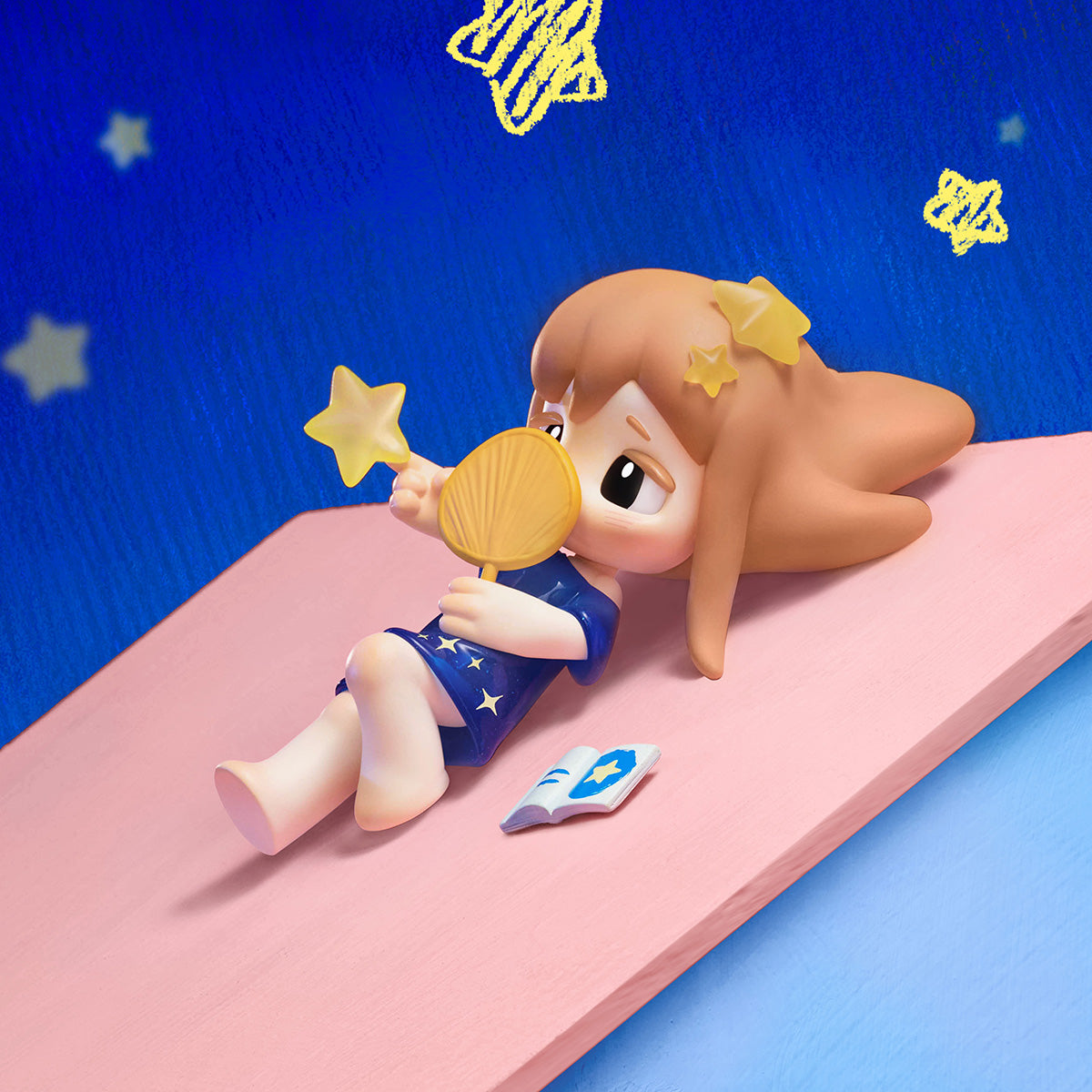 Yozco Mood Diary Starry Night figure resting beside a doll under a dark blue sky