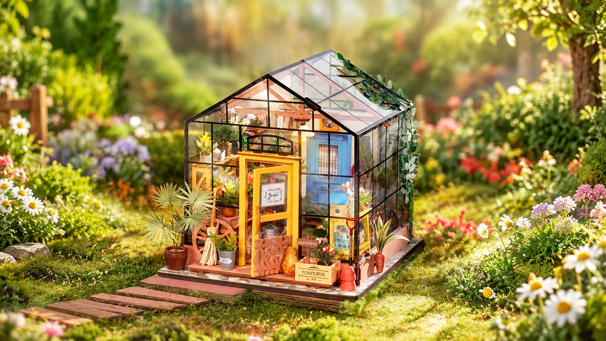Cathy's Flower House miniature greenhouse in a sunlit flower garden