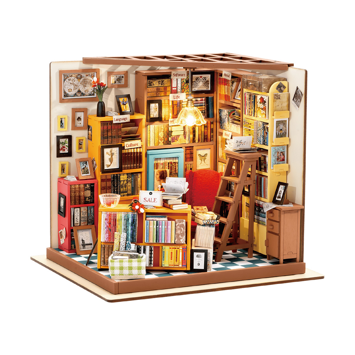 Rolife DIY Miniature Dollhouse- Estudio de Sam DG102 vista del producto sobre fondo blanco