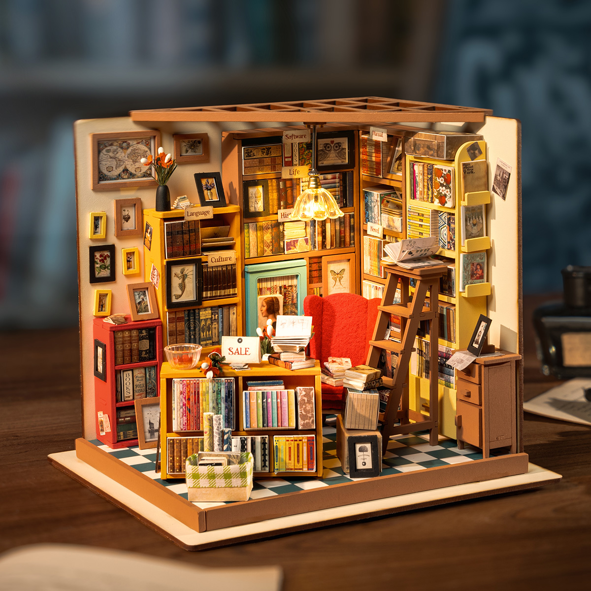Rolife DIY Miniature Dollhouse- Sam's Study DG102 taille graphique avec des dimensions de 7.4 x 8.8 x 8.7 in