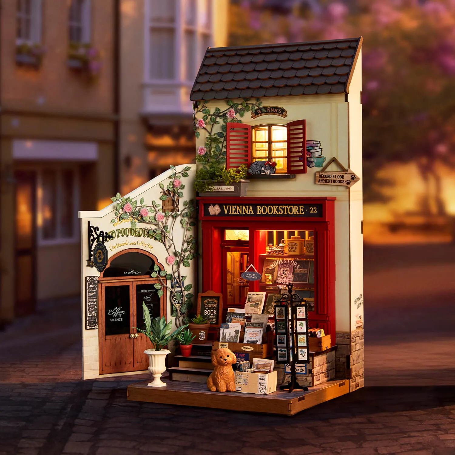 Rolife Vienna Bookstore DG183 librería en miniatura en una escena de exhibición nocturna cálida