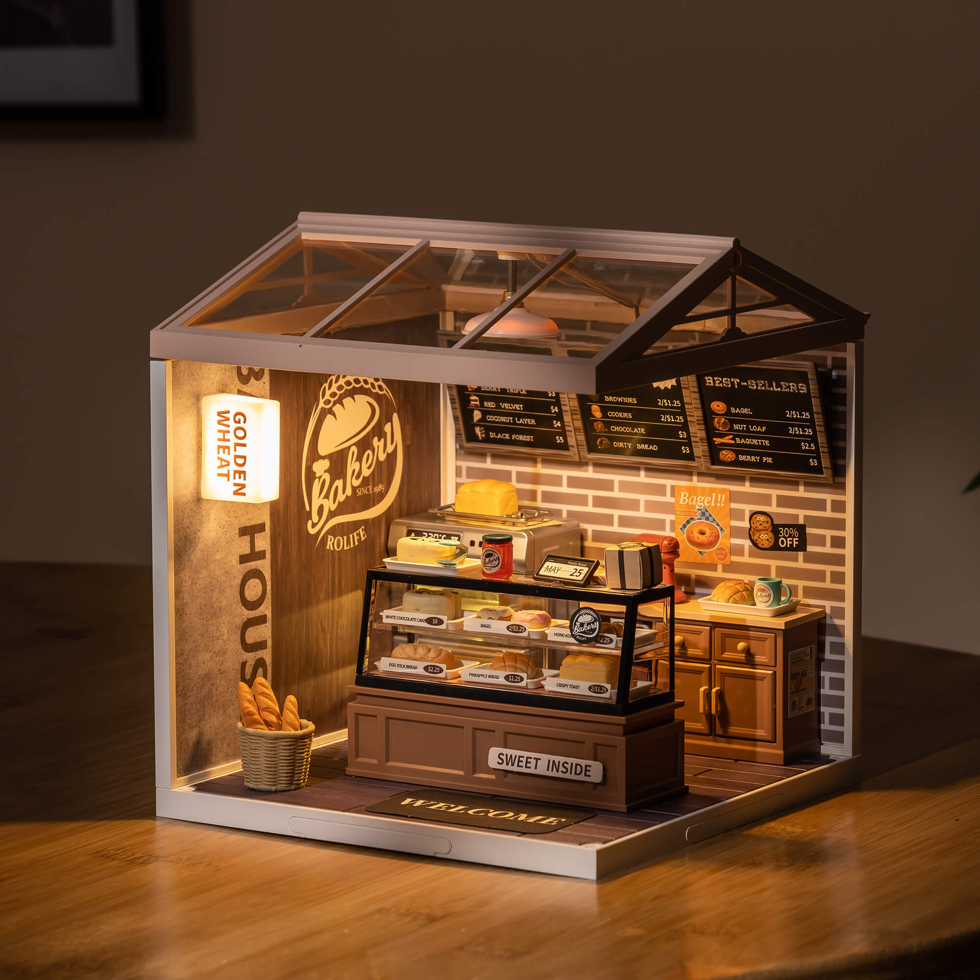 Rolife Golden Wheat Bakery Super Creator Miniature House DW005B cálido escenario de exhibición de panadería de mesa
