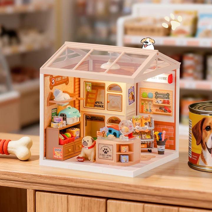 Furry Friends' Home DW027 miniature pet room displayed on a warm tabletop