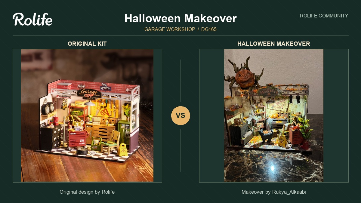 Original Rolife Garage Workshop DG165 compared with Rolife Community maker Rukya_Alkaabi's Halloween makeover