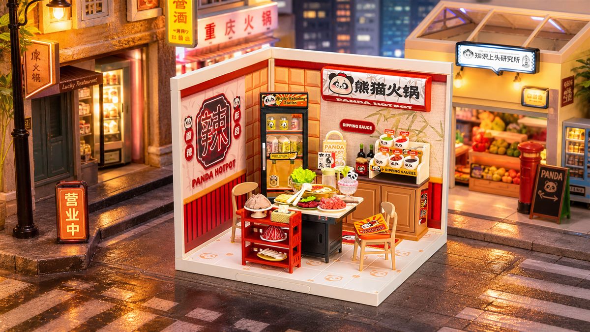Rolife Panda Hot Pot miniature shop in a warm modular food street display