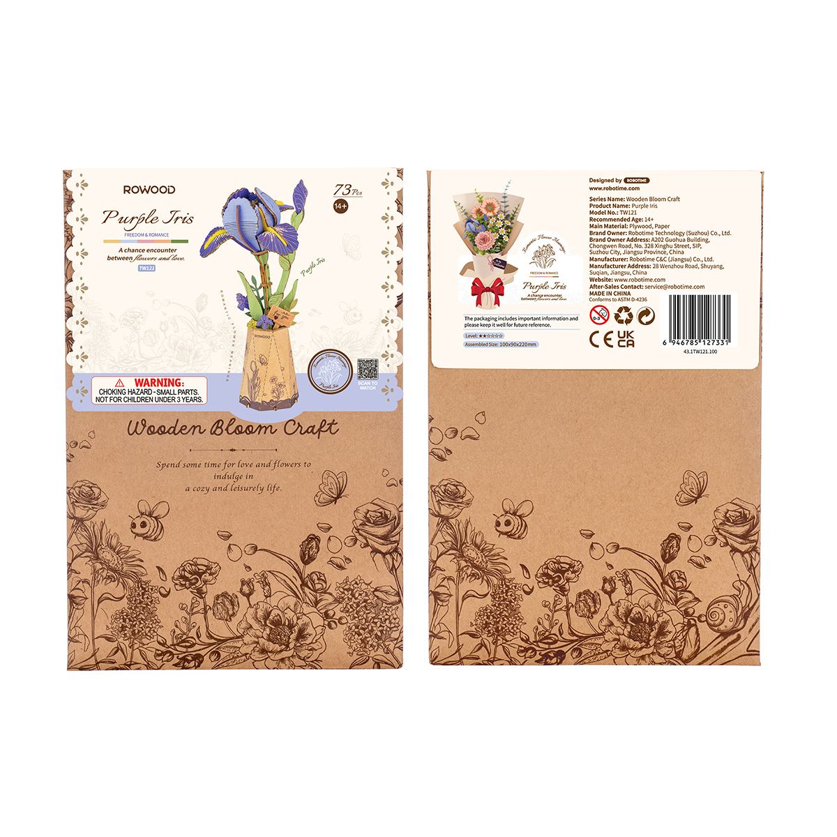 Rowood Purple Iris TW121 paquet de produit avec fleur en bois complète