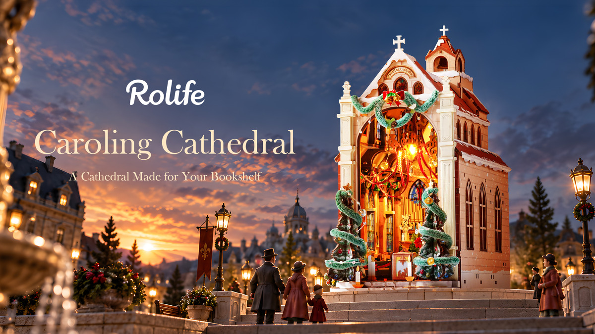 Rolife Caroling Cathedral illuminated at Christmas in a snowy town square