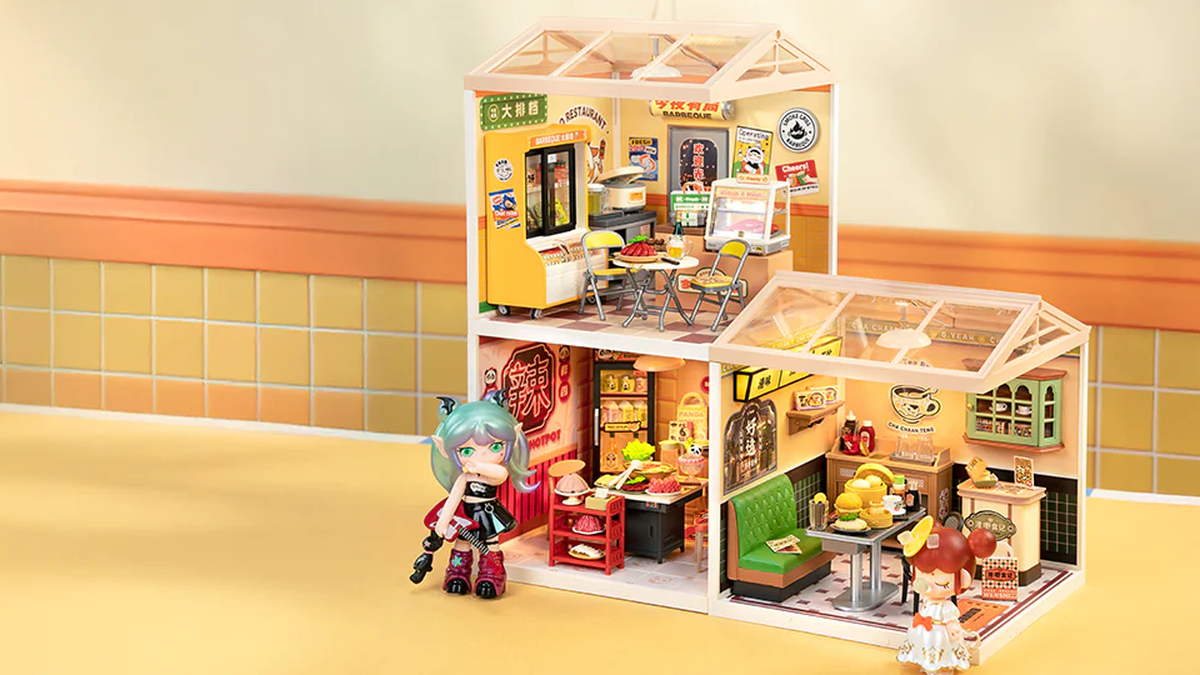 Rolife Food Street miniature kits arranged as a connected Asian dining scene