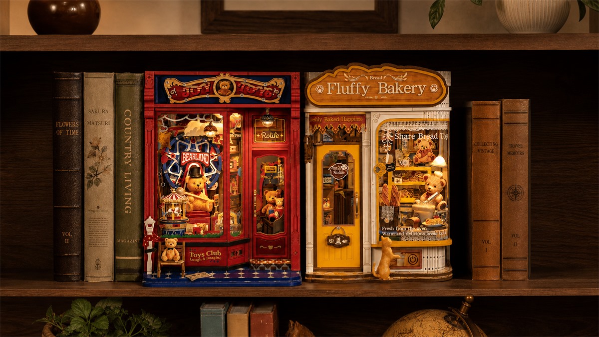 Rolife Joy Toys TGE06 and Fluffy Bakery TGE07 displayed together on a bookshelf