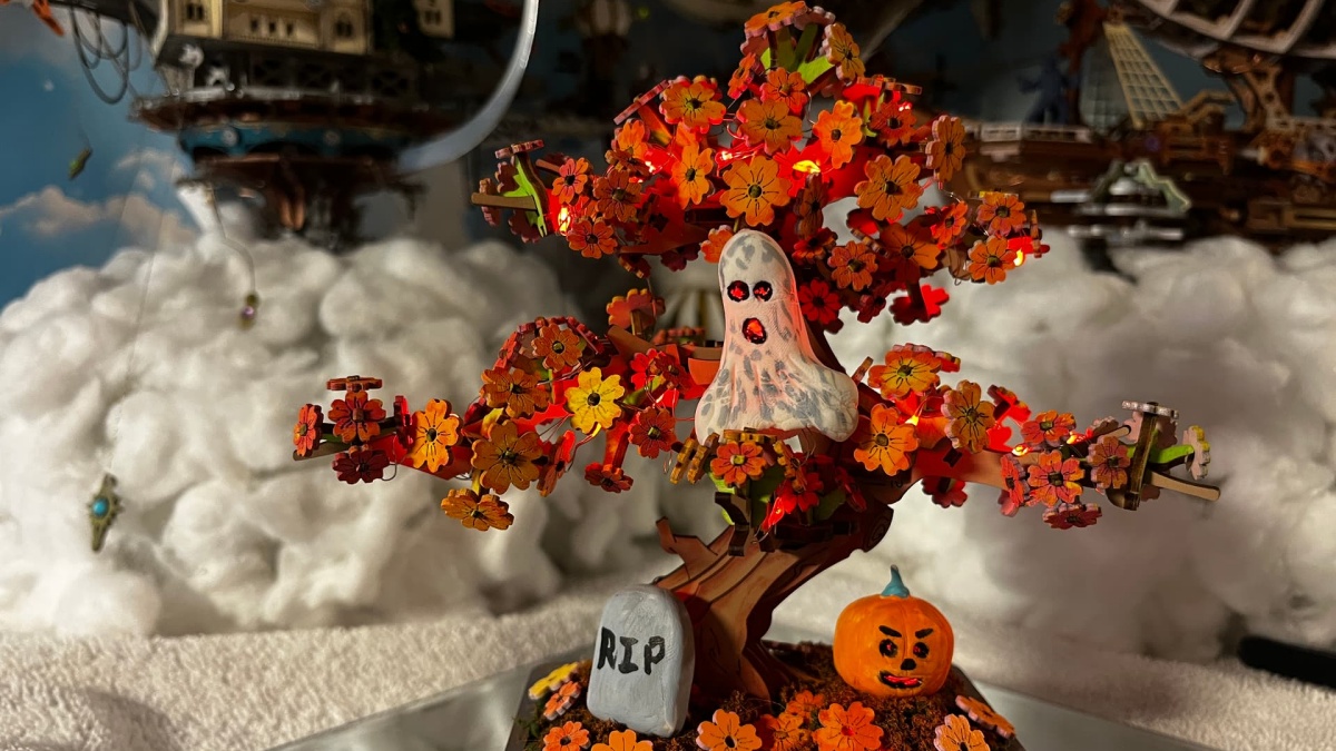 Rolife User Transform Sakura Bonsai Wooden Puzzle Into Halloween Themed Sakura Bonsai with Pumpkin Ghost