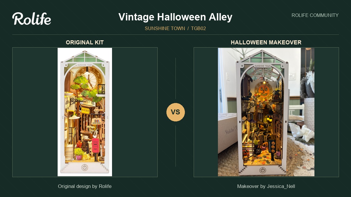 Original Rolife Sunshine Town TGB02 beside Rolife Community maker Jessica_Nell's Vintage Halloween Alley makeover