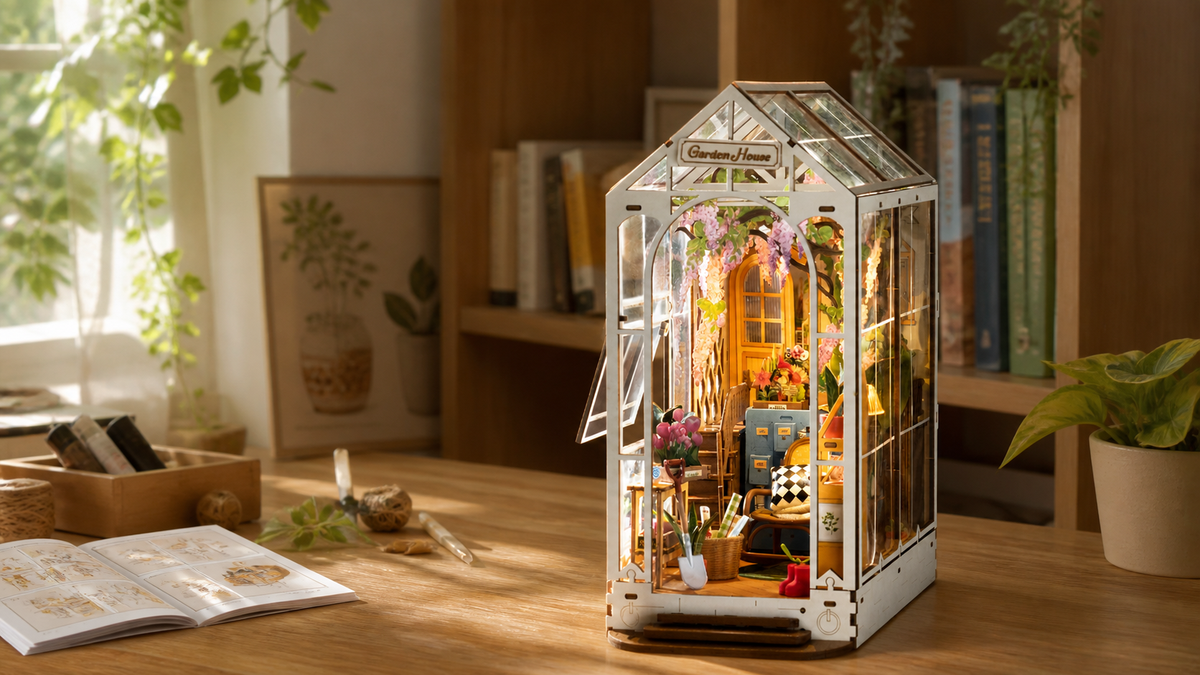 Rolife Holiday Garden House TGB06 on a sunlit crafting table