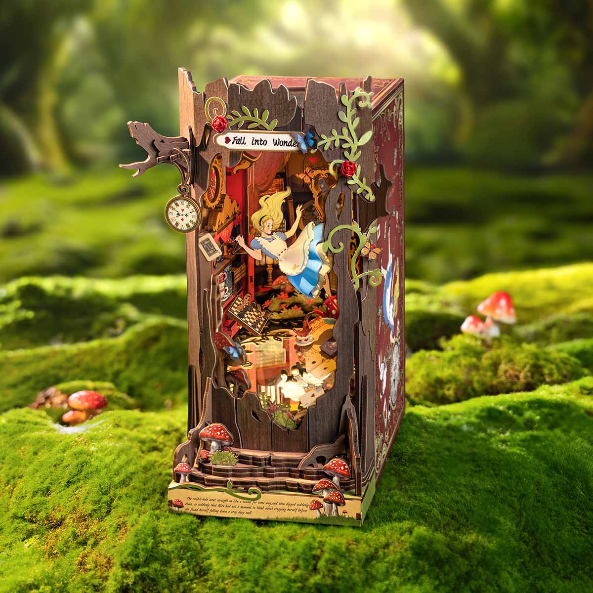 Fall into Wonder TGB12 mossy forest display scene with illuminated book nook