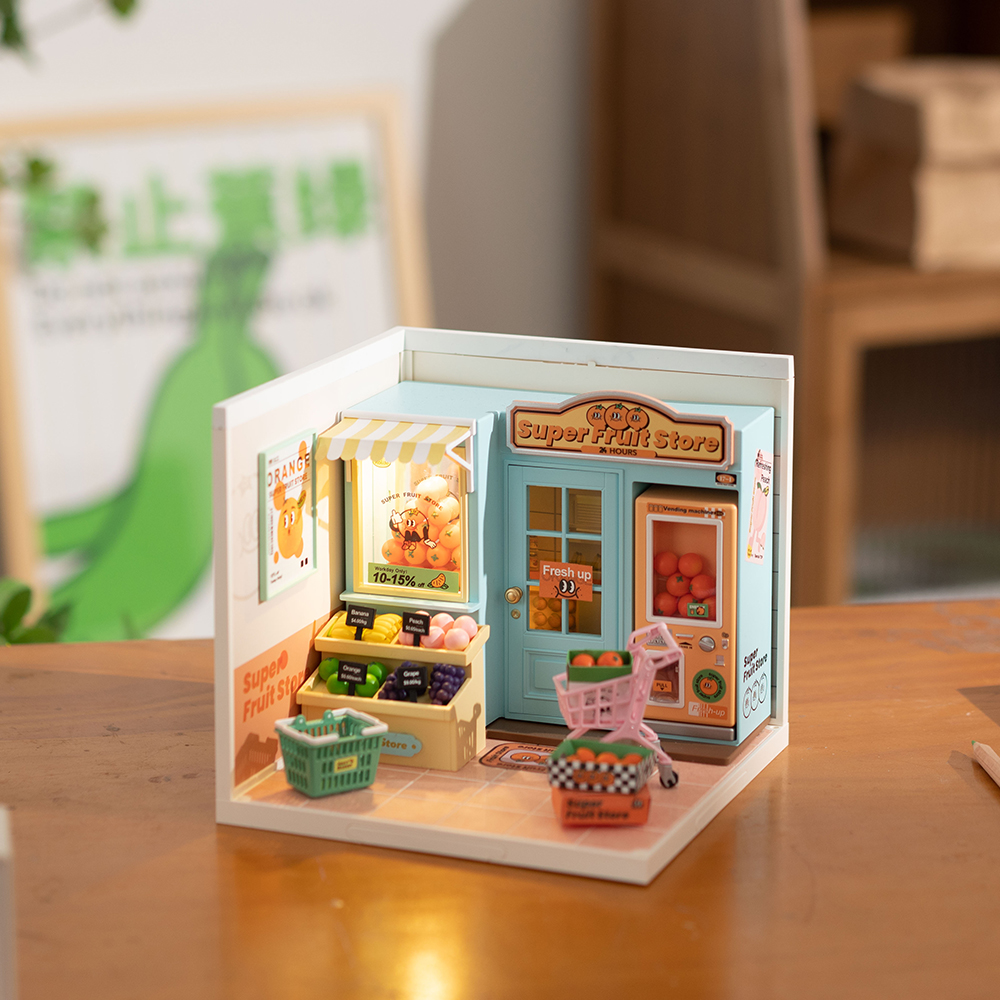 Rolife Super Fruit Store Super Creator Miniature House DW003 scène de vitrine illuminée vue d'un angle alternatif