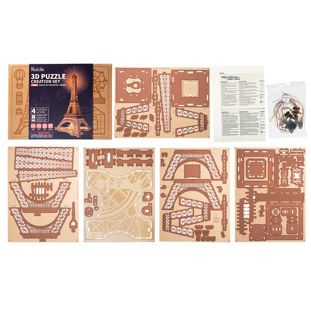 Rolife 3D Wooden Puzzle - Nuit de la Tour Eiffel TGL01 disposition des pièces du kit