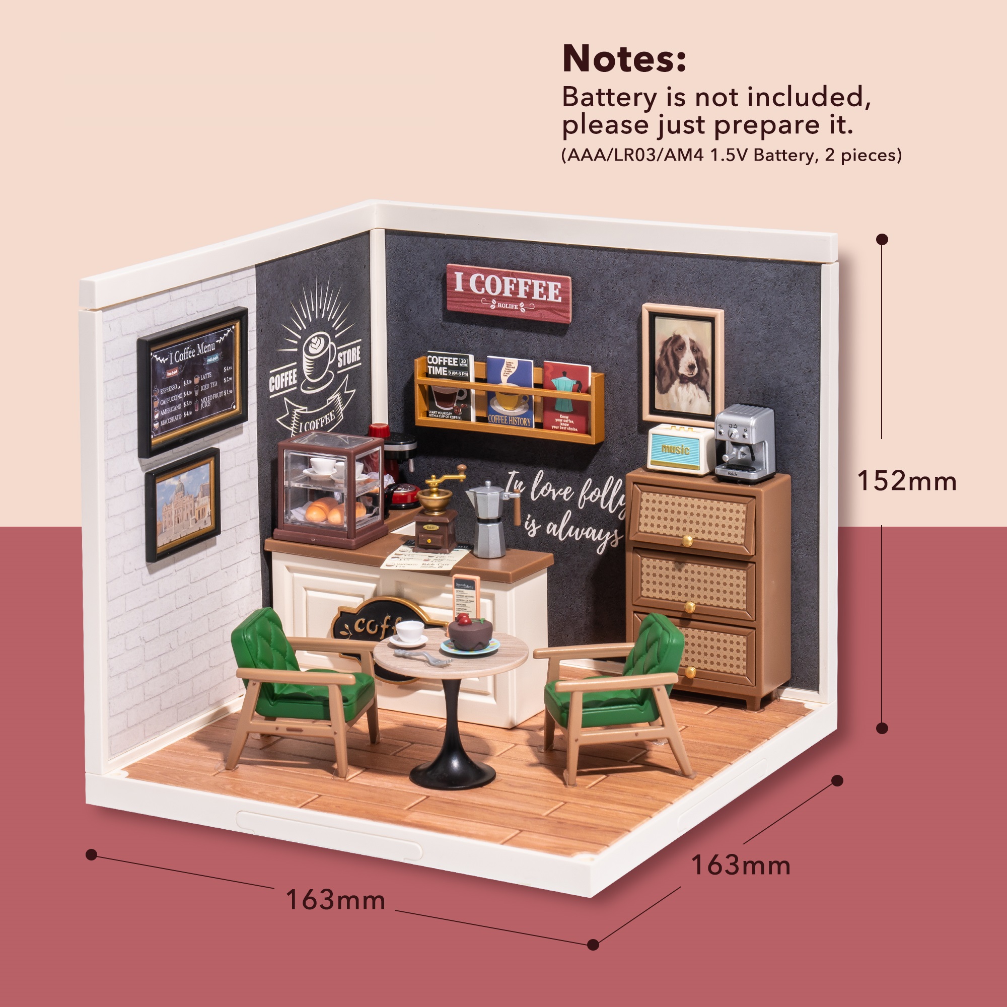 Rolife Daily Inspiration Cafe Super Creator Miniature House DW001B taille graphique avec des dimensions de 6.4 x 6.4 x 6 in montrées