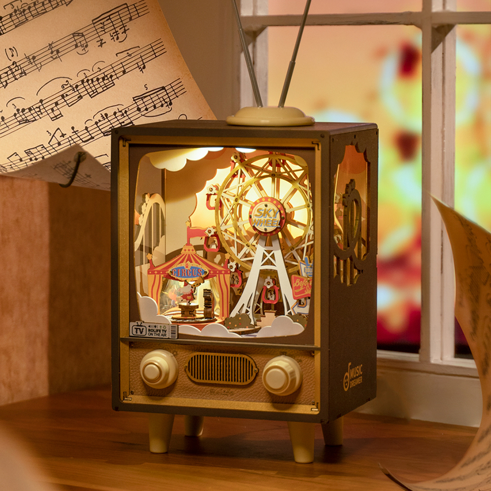 Rolife DIY Music Box Puzzle - Sunset Carnival AMT01 glowing carnival music box display scene