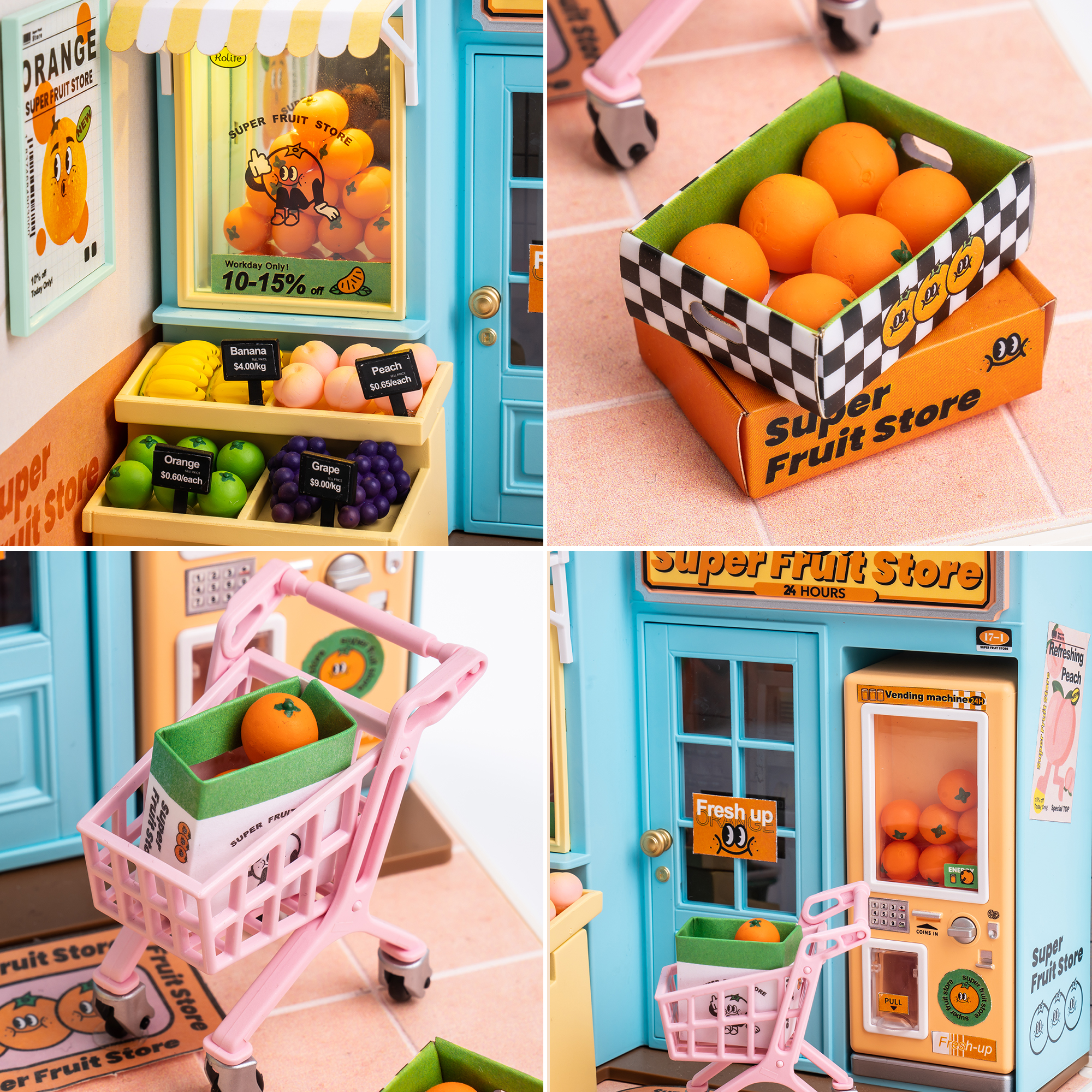 Rolife Super Fruit Store Super Creator Miniature House DW003 collage de détails du panier de fruits et de la vitrine