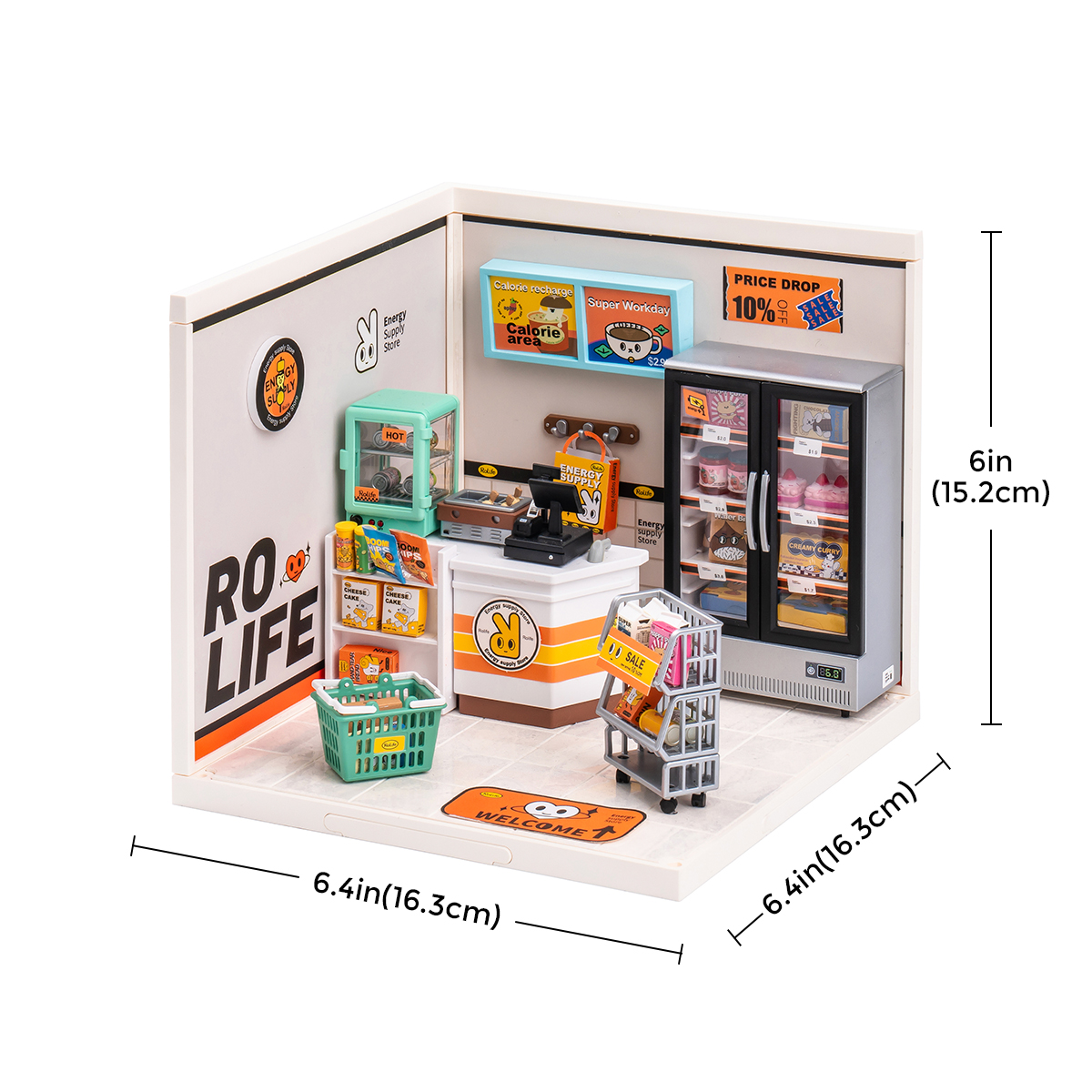 Rolife Energy Supply Store Super Creator Maison Miniature DW002 taille graphique avec des dimensions de 6.4 x 6.4 x 6 in montrées