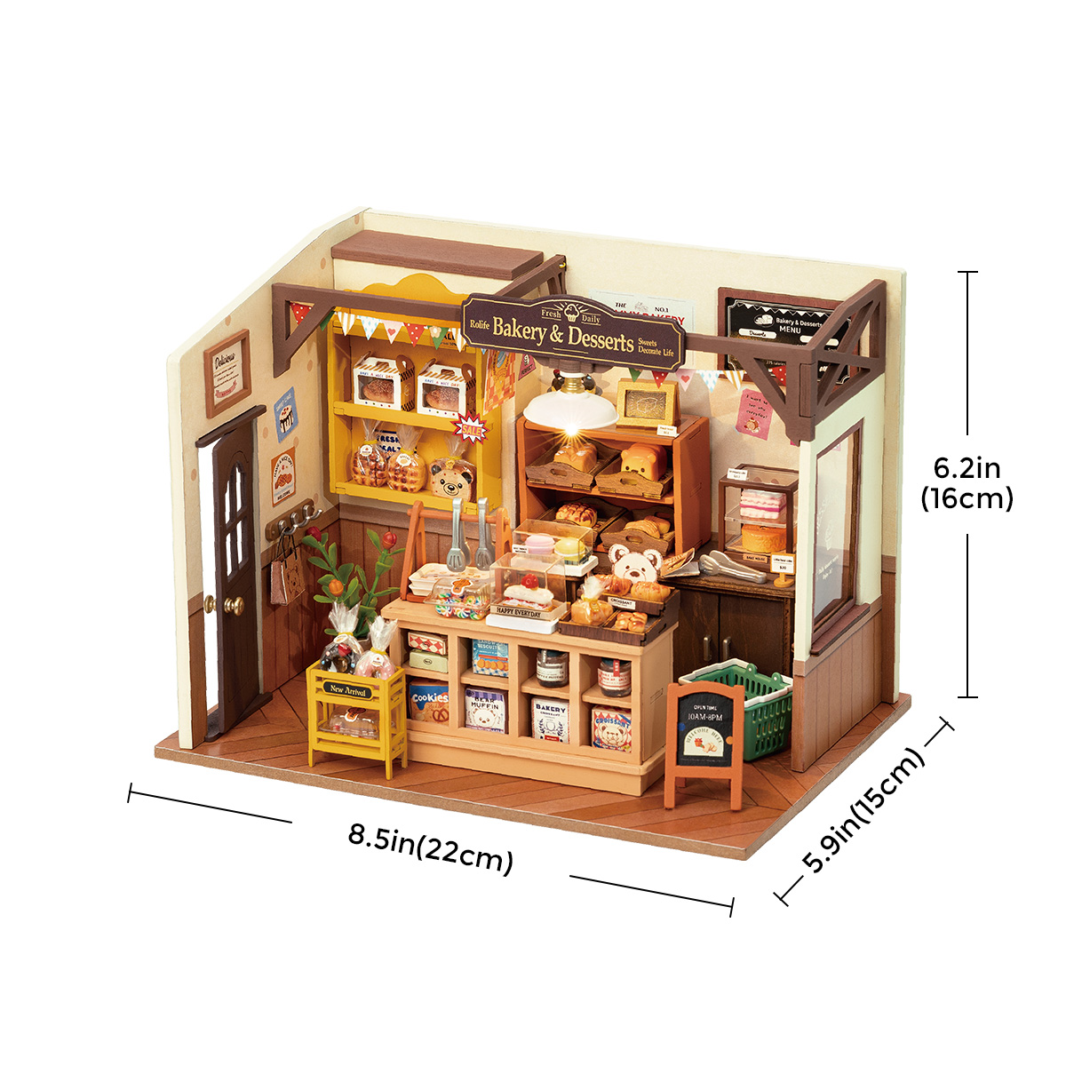 Rolife DIY Miniature House - La maison de pâtisserie de Becka DG161 taille graphique avec des dimensions de 8,5 x 5,9 x 6,2 in
