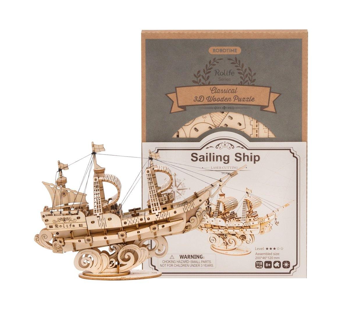 Rolife Sailling Ship package image showing the box and finished ship model