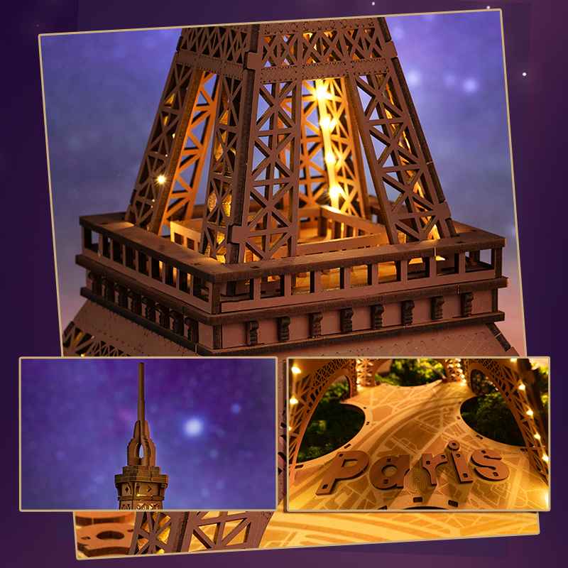 Rolife 3D Wooden Puzzle - Nuit de la Tour Eiffel TGL01 détail de la Tour Eiffel éclairé par LED gros plan