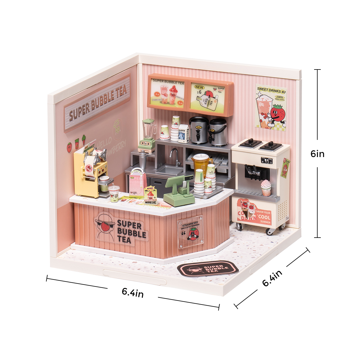 Rolife Double Joy Bubble Tea Super Creator Miniature House DW006 tamaño gráfico con dimensiones de 6.4 x 6.4 x 6 in