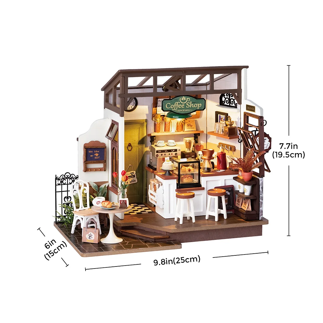 Rolife DIY Miniature House - Flavory Cafe DG162 maat grafiek met weergegeven afmetingen