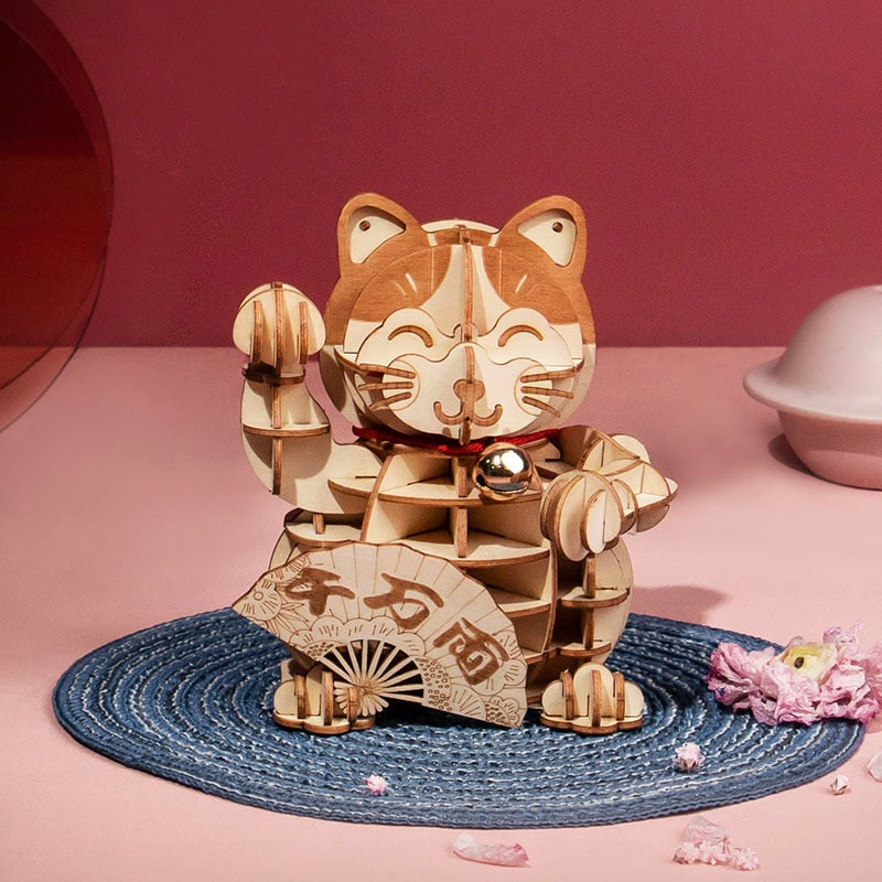 Rolife Plutus Cat TG303 houten puzzel in een feestelijke tafelsetting