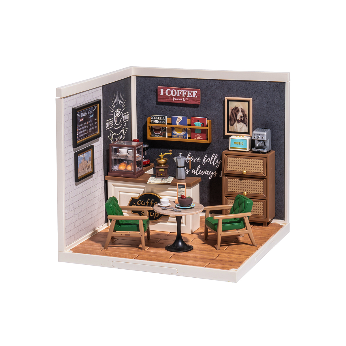 Rolife Daily Inspiration Cafe Super Creator Miniature House DW001B vista del producto sobre fondo blanco