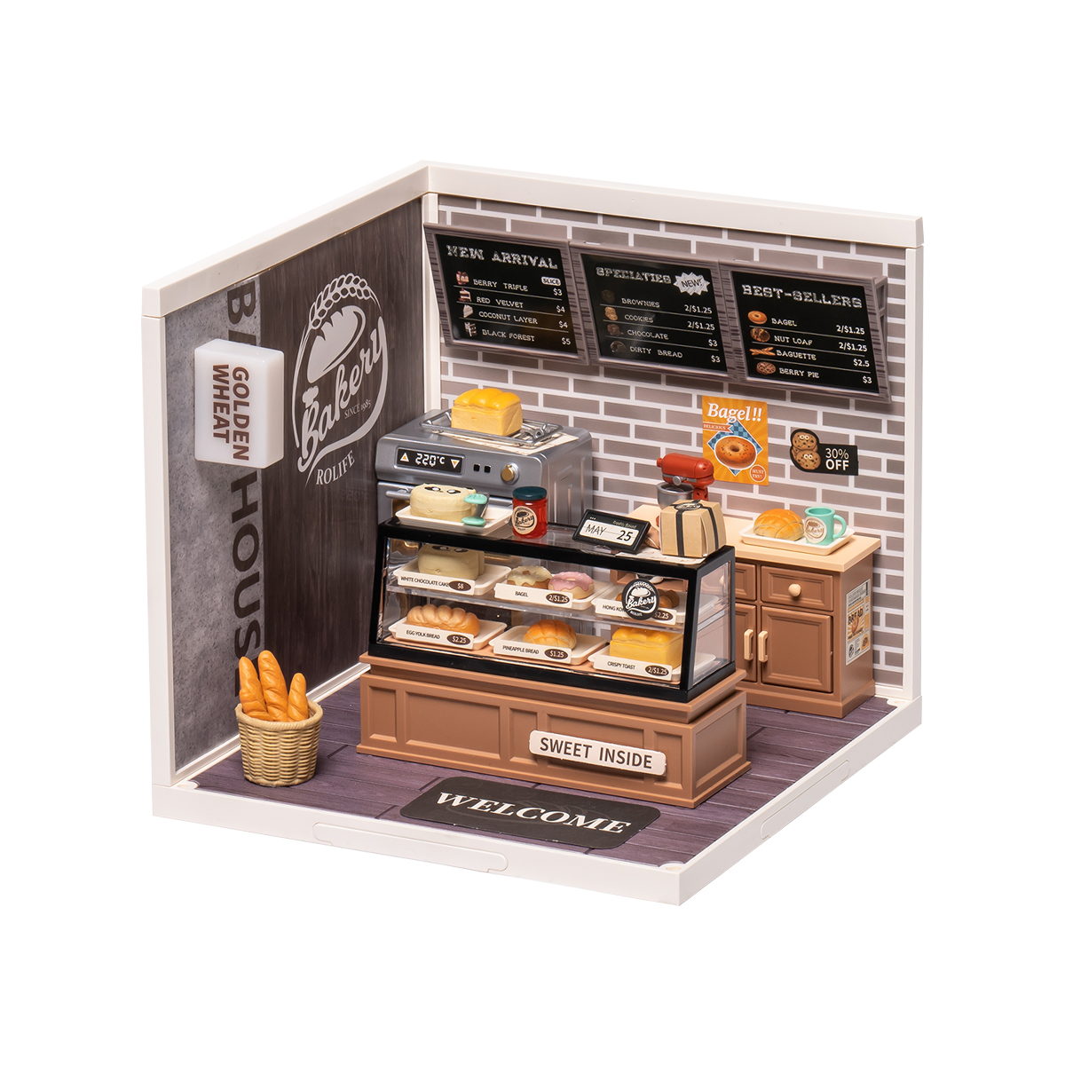 Rolife Golden Wheat Bakery Super Creator Miniature House DW005B vista del producto sobre fondo blanco