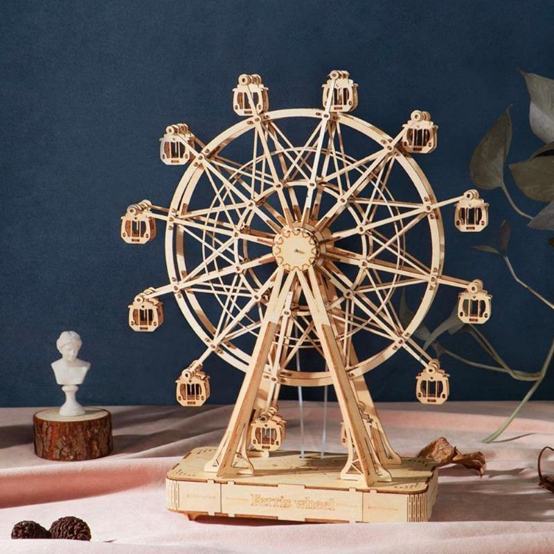 Rolife Moderne Musikbox - Riesen 3D Holzpuzzle - Riesenrad TGN01 Tischdisplay-Szene auf einem blauen Sockel