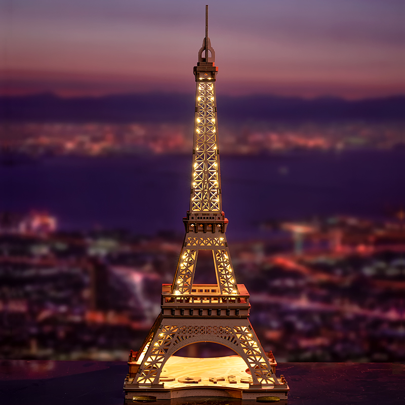 Rolife 3D Wooden Puzzle - Night of the Eiffel Tower TGL01 illuminated Eiffel Tower display at night