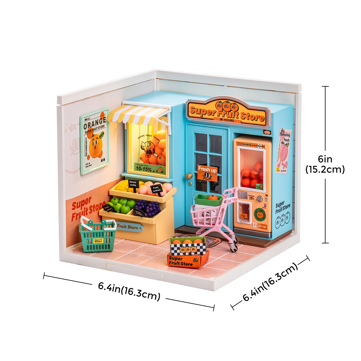 Rolife Super Fruit Store Super Creator Miniature House DW003 taille graphique avec des dimensions de 6.4 x 6.4 x 6 in montrées