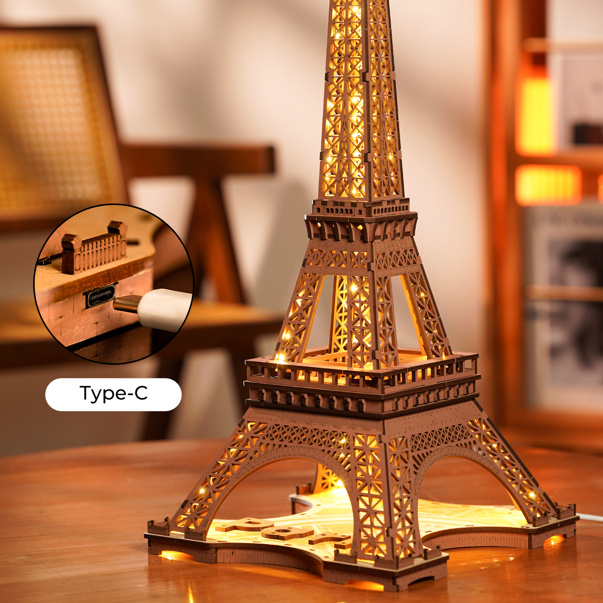 Rolife 3D Wooden Puzzle - Nuit de la Tour Eiffel TGL01 scène d'affichage de la Tour Eiffel lumière chaude