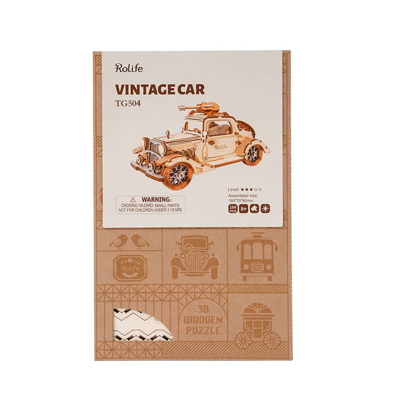 Rolife Vintage Car pakket afbeelding die de doos en het voltooide automodel toont