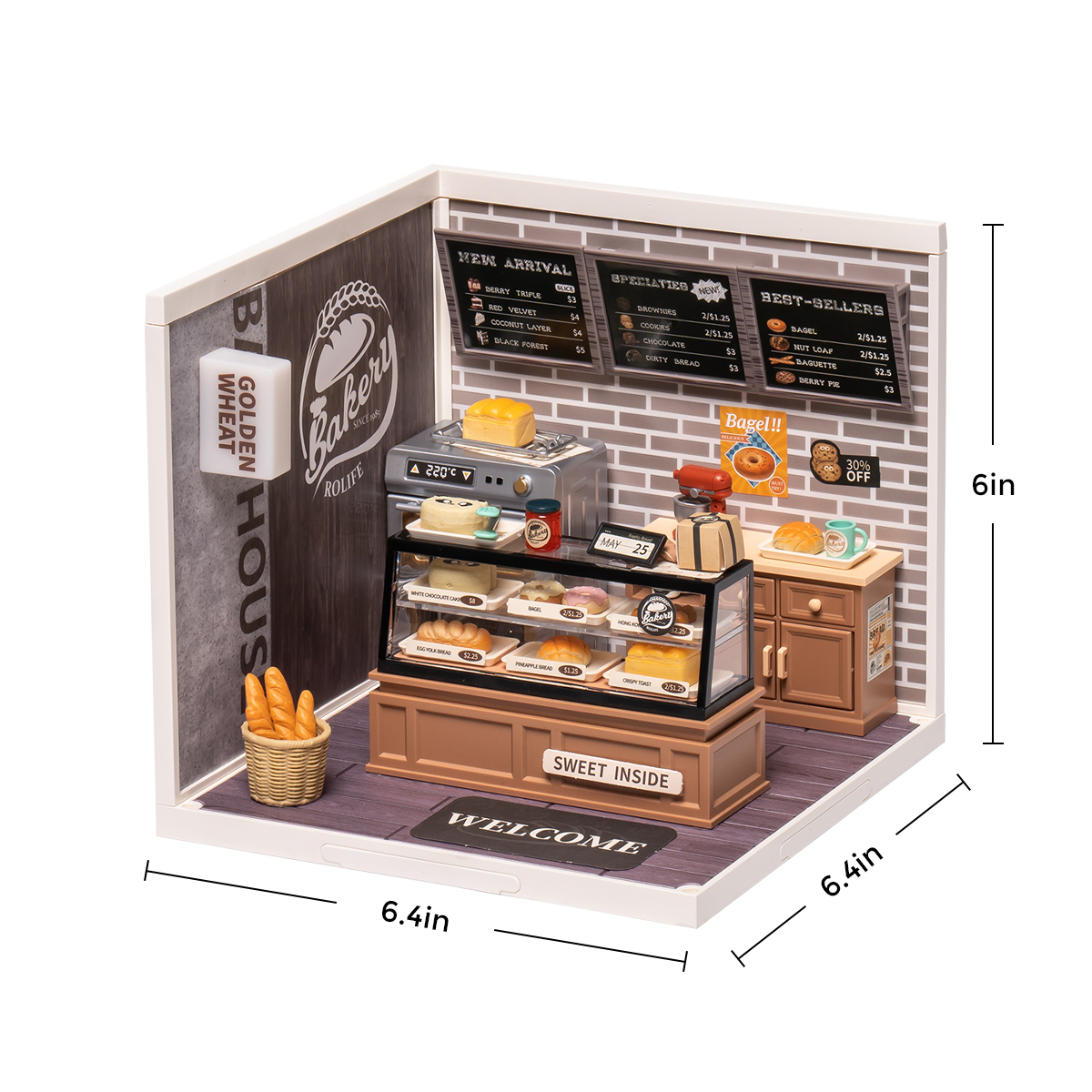 Rolife Golden Wheat Bakery Super Creator Miniature House DW005B Größe Grafik mit 6,4 x 6,4 x 6 Zoll Abmessungen angezeigt