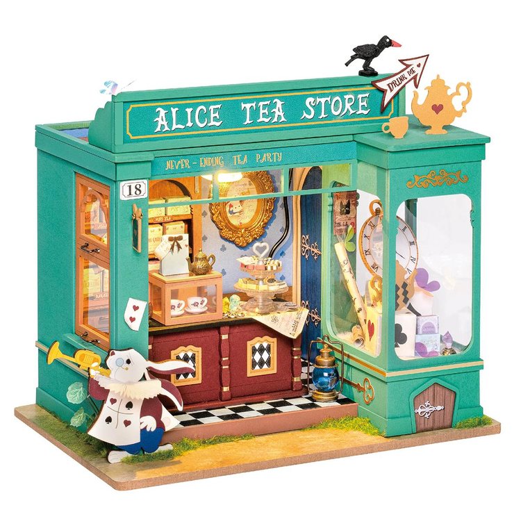 Vista del producto con fondo blanco de la tienda de té de Alice DG156 con fachada de tienda de té en color teal.