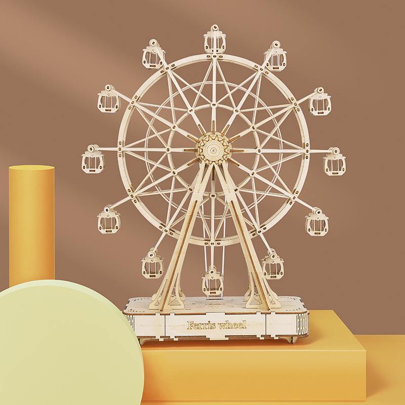 Rolife Moderne Musikbox - Riesen 3D Holzpuzzle - Riesenrad TGN01 Tischdisplay-Szene auf einem gelben Sockel