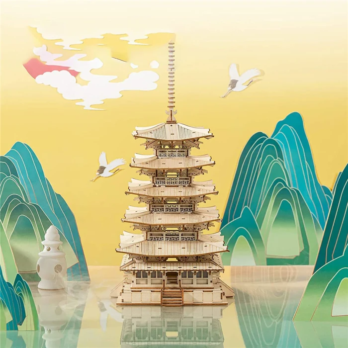 Rolife Modern 3D Wooden Puzzle - Five-storied Pagoda TGN02 tabletop display scene